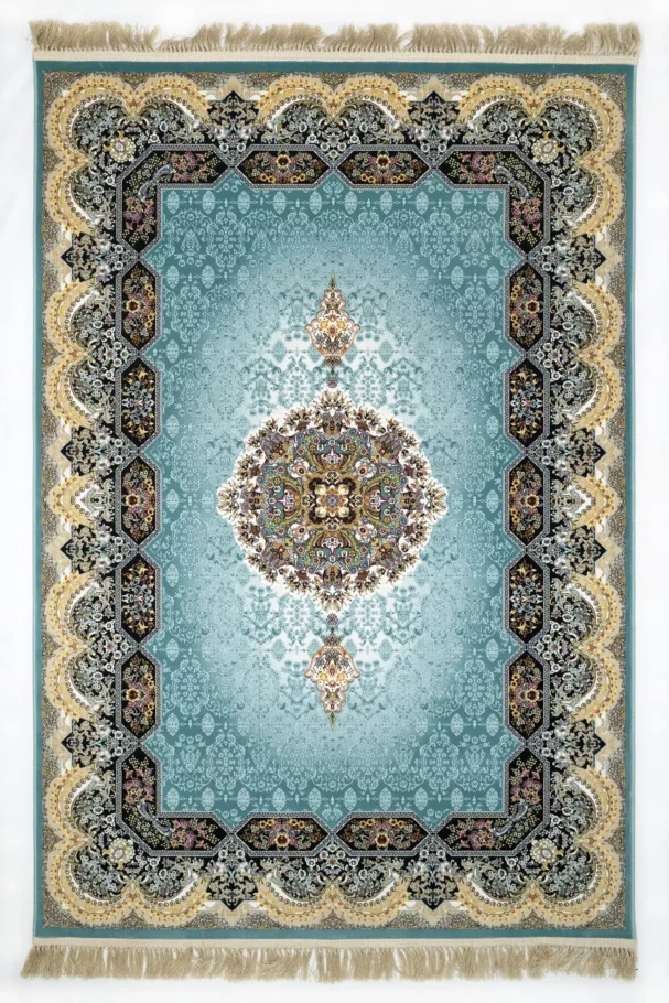 A beautiful, intricately designed carpet with a central pattern and a border of intricate patterns and shapes, made of a