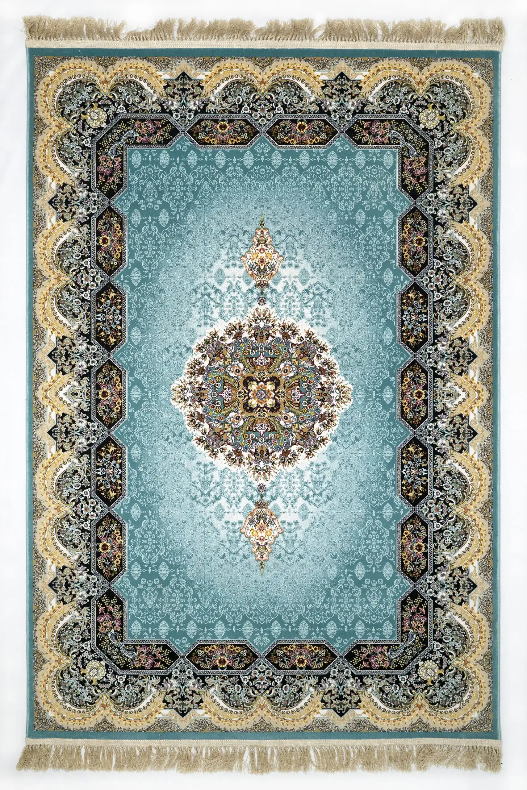 A beautiful, intricately designed carpet with a central pattern and a border of intricate patterns and shapes, made of a