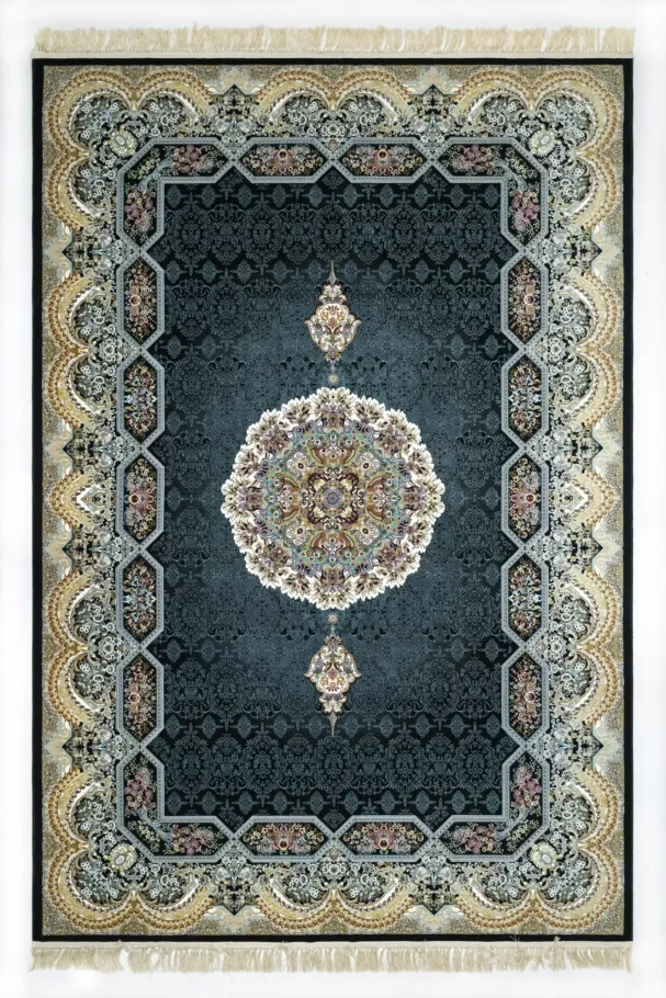 A Qaleen Carpets rug with a dark blue background, intricate patterns, and a central medallion, surrounded by a border of