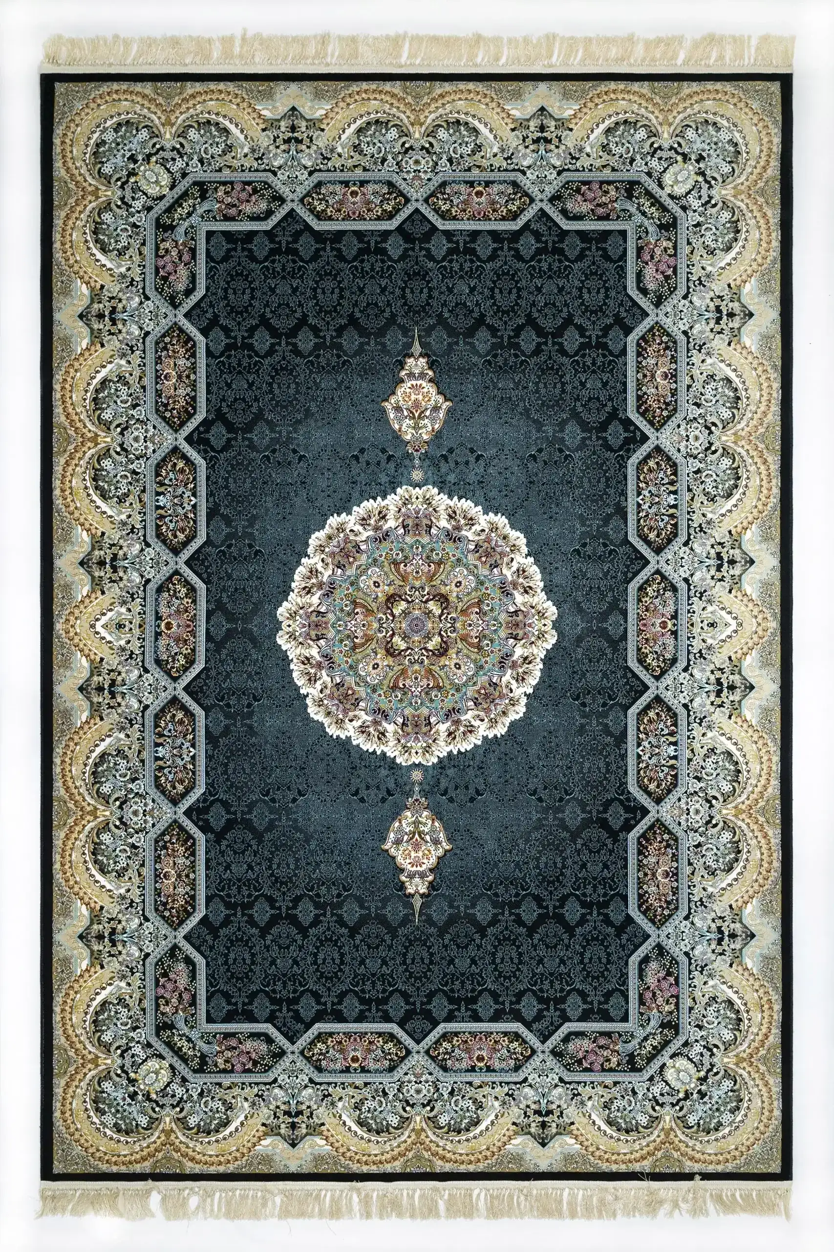 A Qaleen Carpets rug with a dark blue background, intricate patterns, and a central medallion, surrounded by a border of