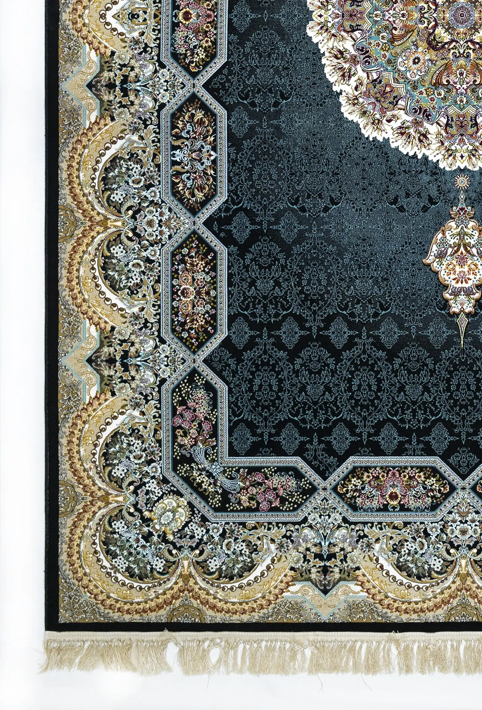A close-up of a Qaleen Carpets rug with intricate patterns and a dark blue background, featuring a mix of gold, white, and