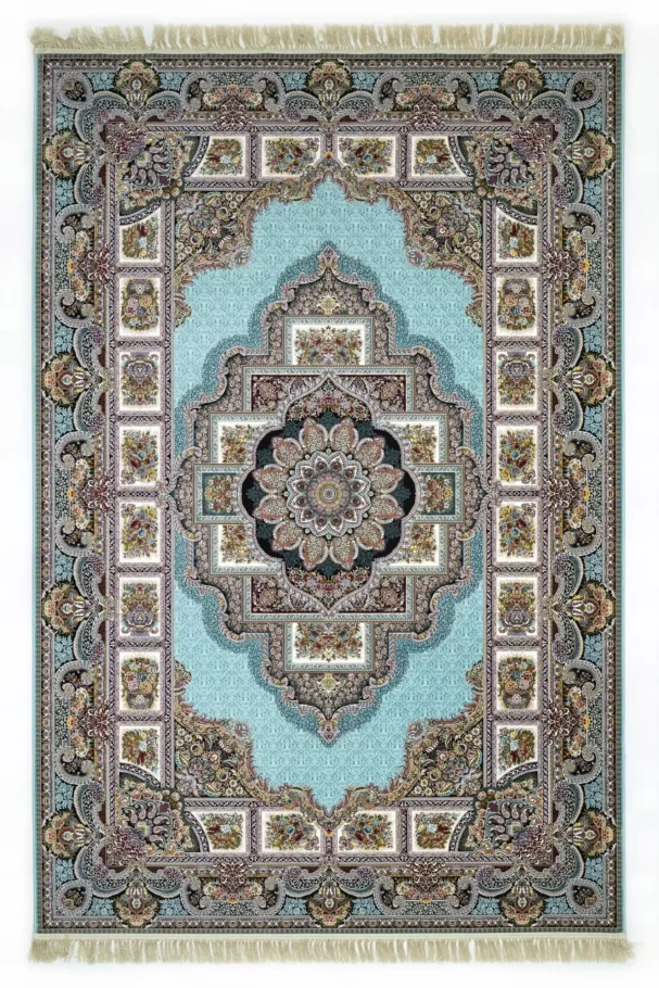 Carpets A beautiful, intricately designed carpet with a central flower pattern and a soft, blue background, surrounded by