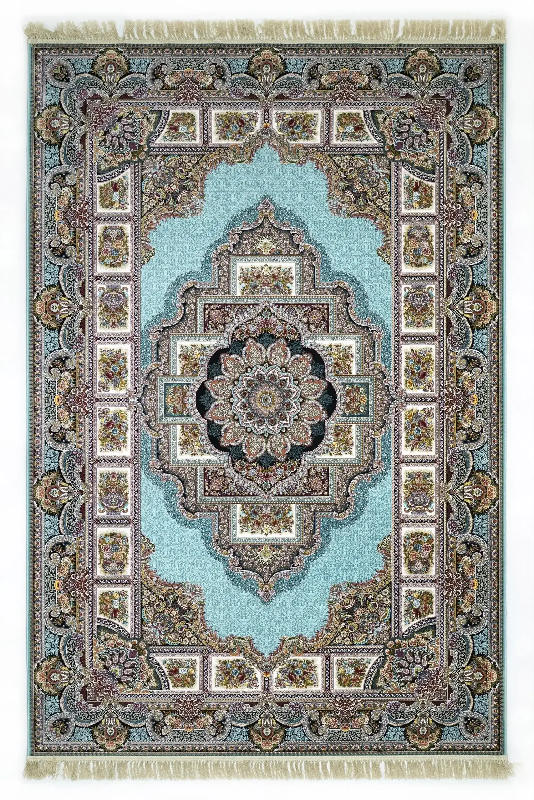 Carpets A beautiful, intricately designed carpet with a central flower pattern and a soft, blue background, surrounded by