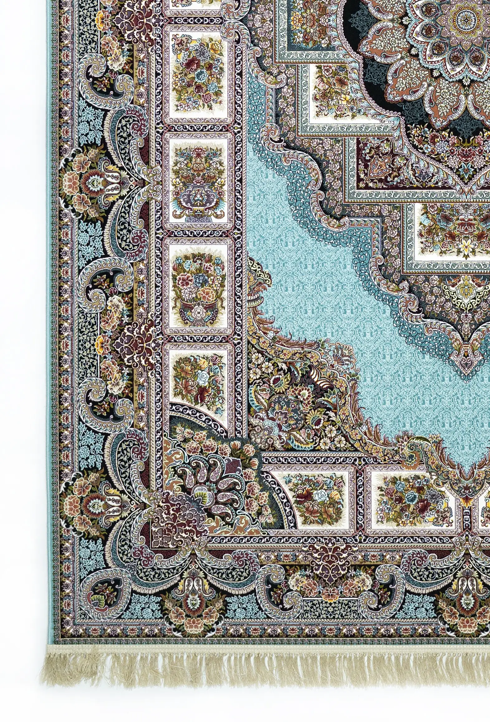 A close-up of a Qaleen Carpets rug with intricate patterns and a light blue background, featuring a mix of floral and