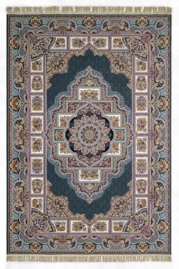 Carpets A beautiful, intricately designed carpet with a central flower pattern and intricate borders, showcasing the art of