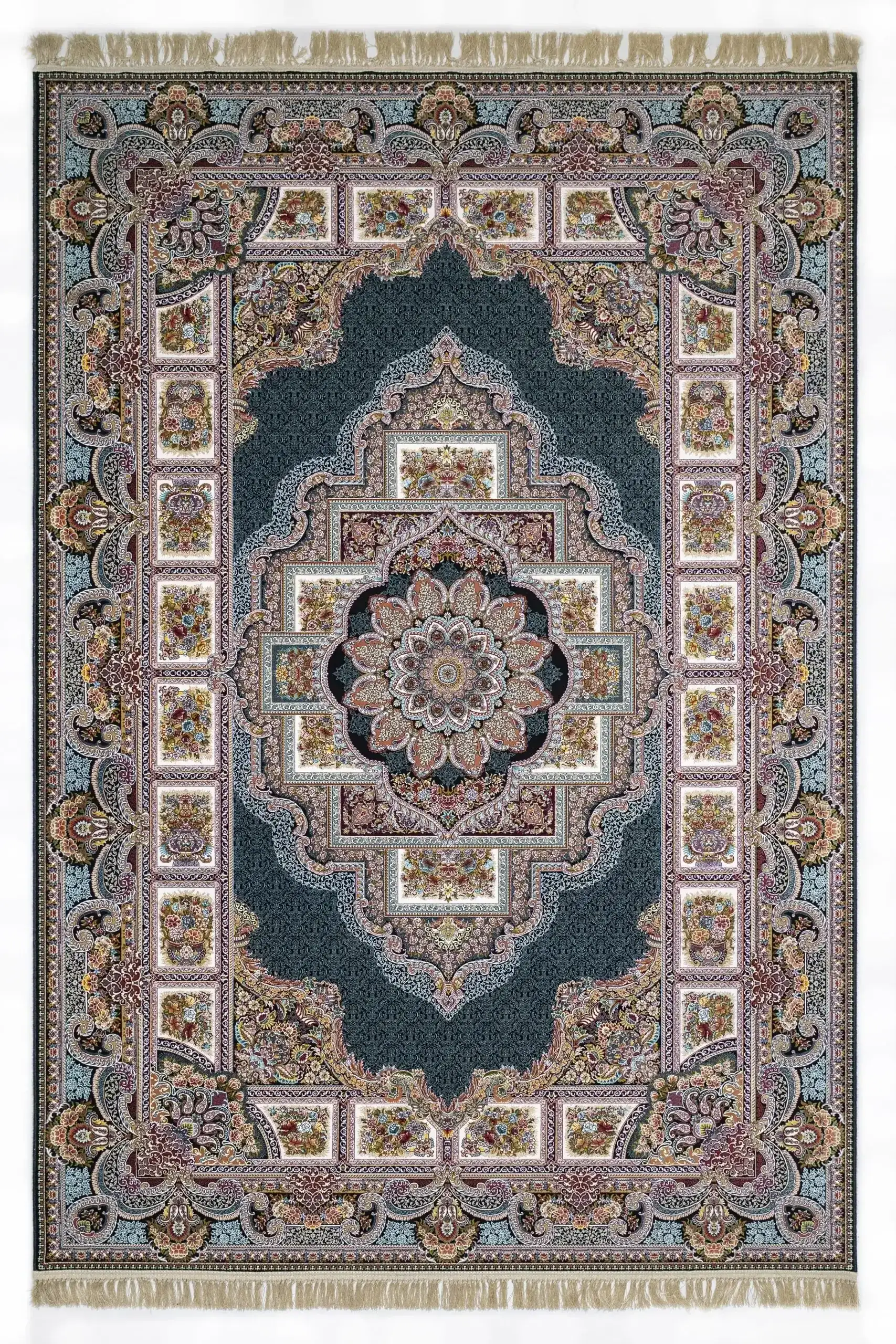 Carpets A beautiful, intricately designed carpet with a central flower pattern and intricate borders, showcasing the art of