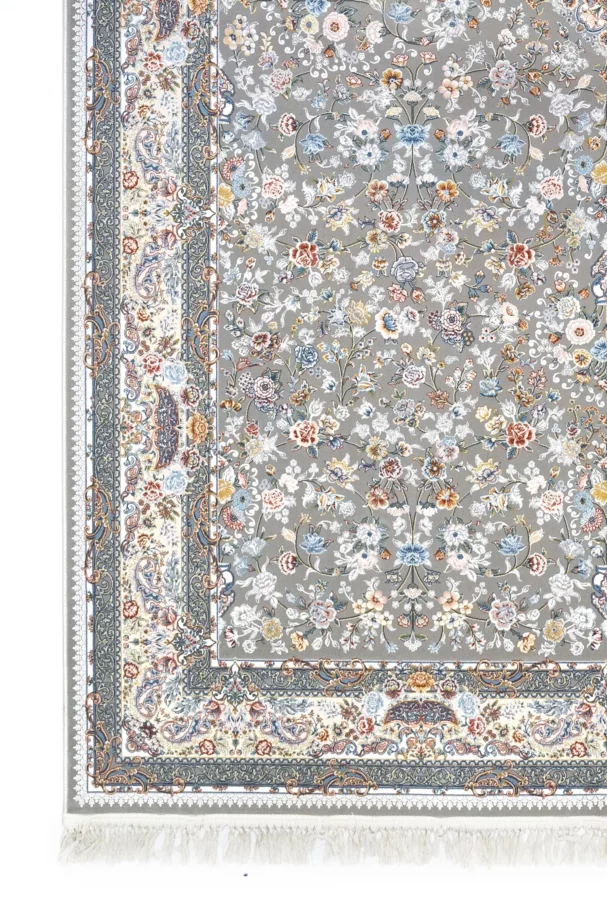 A Qaleen Carpets rug with a grey background and a floral pattern, featuring a mix of white, blue, red, and yellow flowers,