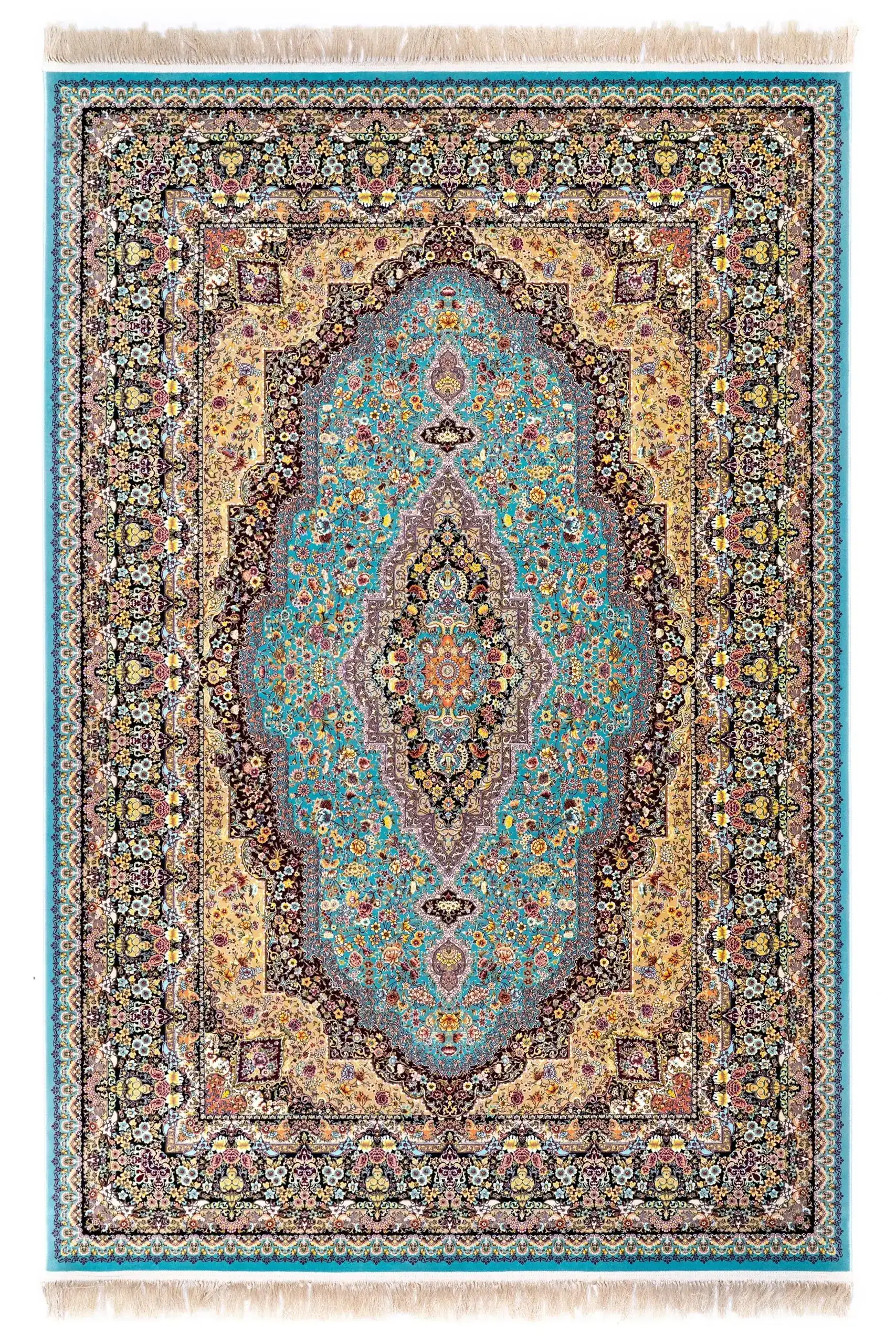 Carpets A beautiful, intricately designed carpet with a central pattern and surrounding borders, showcasing the art of