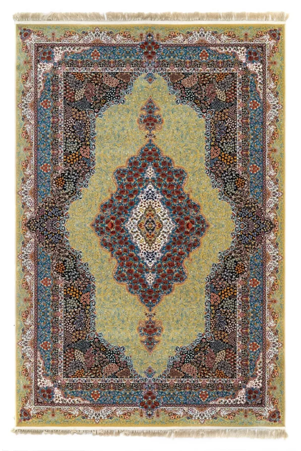 A Qaleen Carpets rug with a central, intricate design and a border of similar patterns, set against a pale yellow background