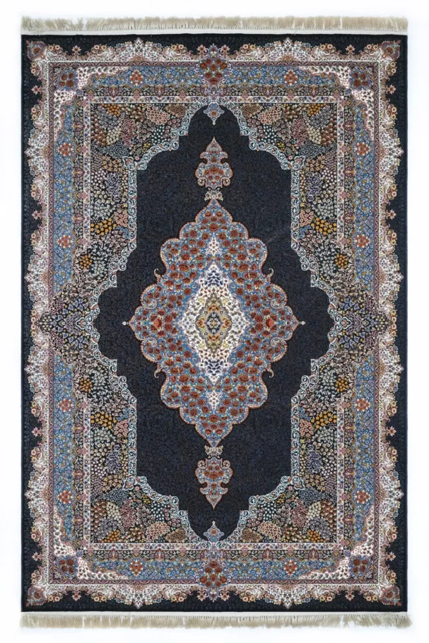 A Qaleen Carpets rug with a dark blue background and intricate patterns in various colors, including red, blue, and white,