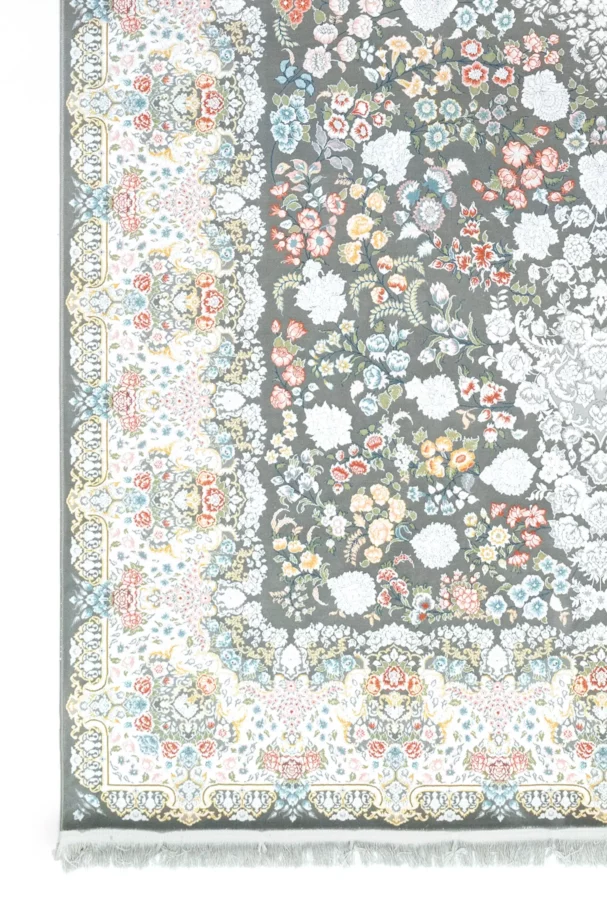Carpets A beautiful, intricately designed carpet with a mix of flowers and foliage on a gray background