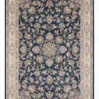 A Qaleen Carpets rug with a dark blue background and intricate patterns in gold, red, and white, set against a white