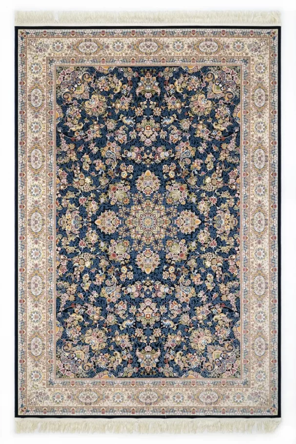 A Qaleen Carpets rug with a dark blue background and intricate patterns in gold, red, and white, set against a white