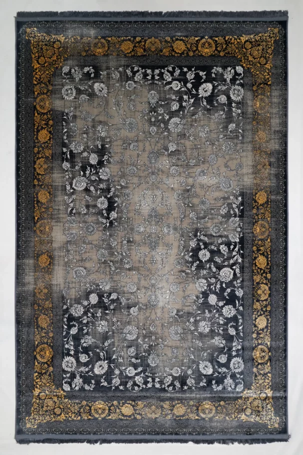 Carpets A beautiful, intricately designed carpet with a mix of dark and light colors, featuring a central pattern of flowers
