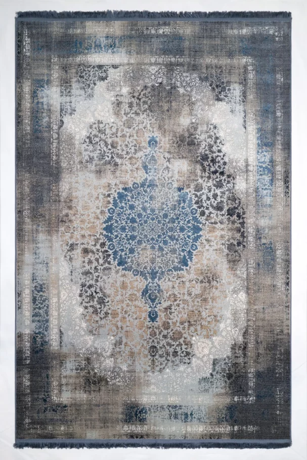 Carpets A beautiful, intricately designed carpet with a mix of blue, white, and beige colors, featuring a central pattern