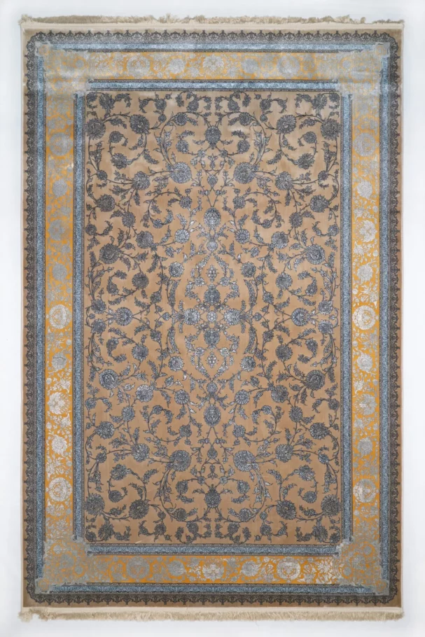 A beautiful, intricately designed carpet with a rich, vibrant pattern, perfect for adding a touch of elegance to any room,