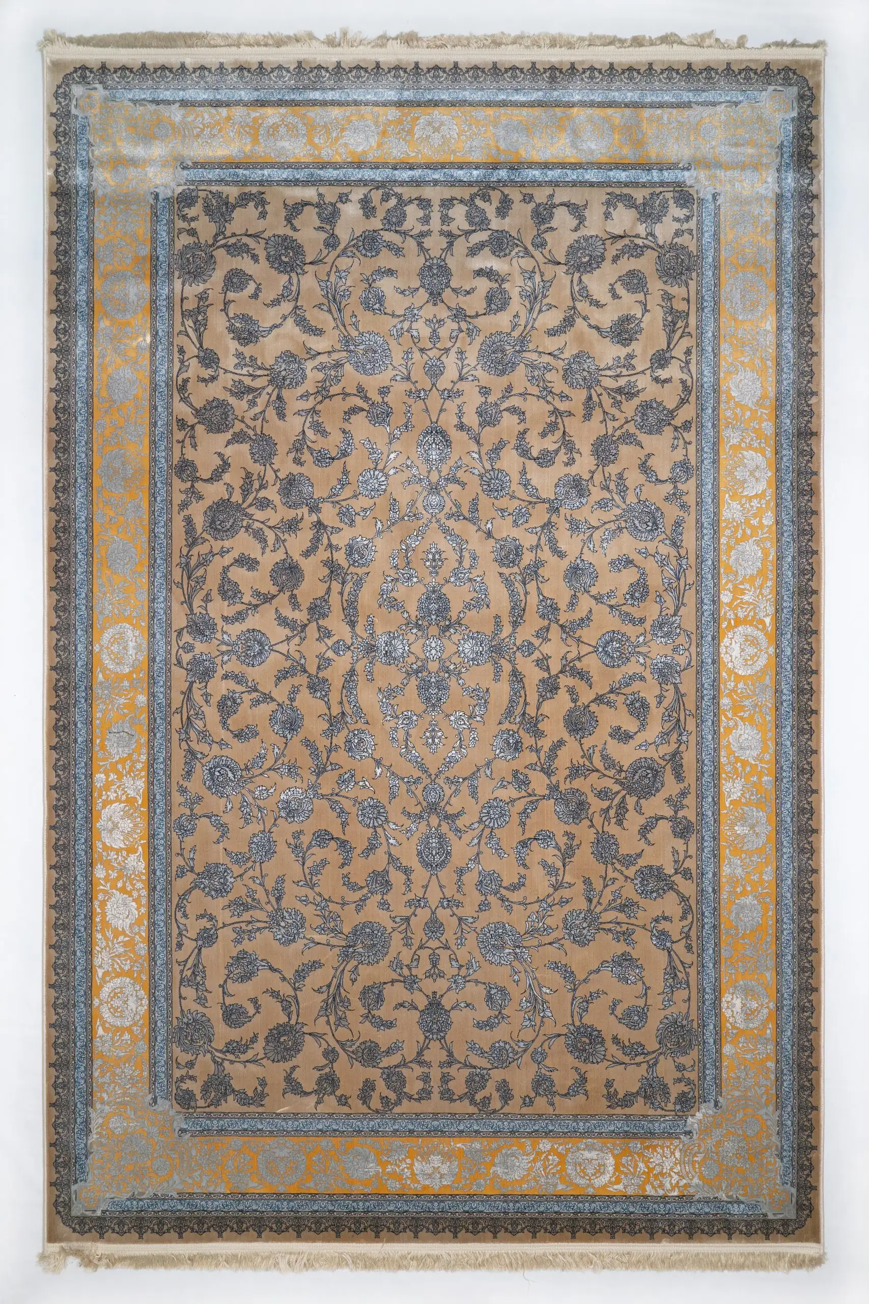 A beautiful, intricately designed carpet with a rich, vibrant pattern, perfect for adding a touch of elegance to any room,