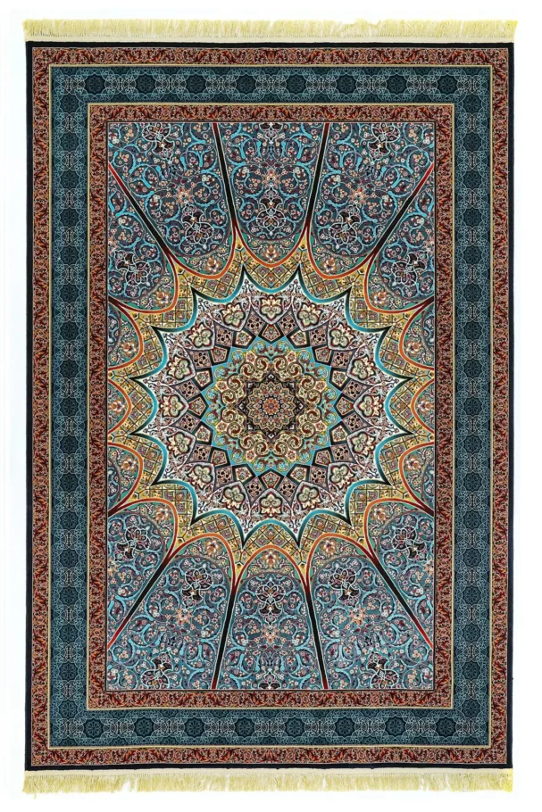 A Qaleen Carpets rug with intricate patterns and colors, featuring a central design and border