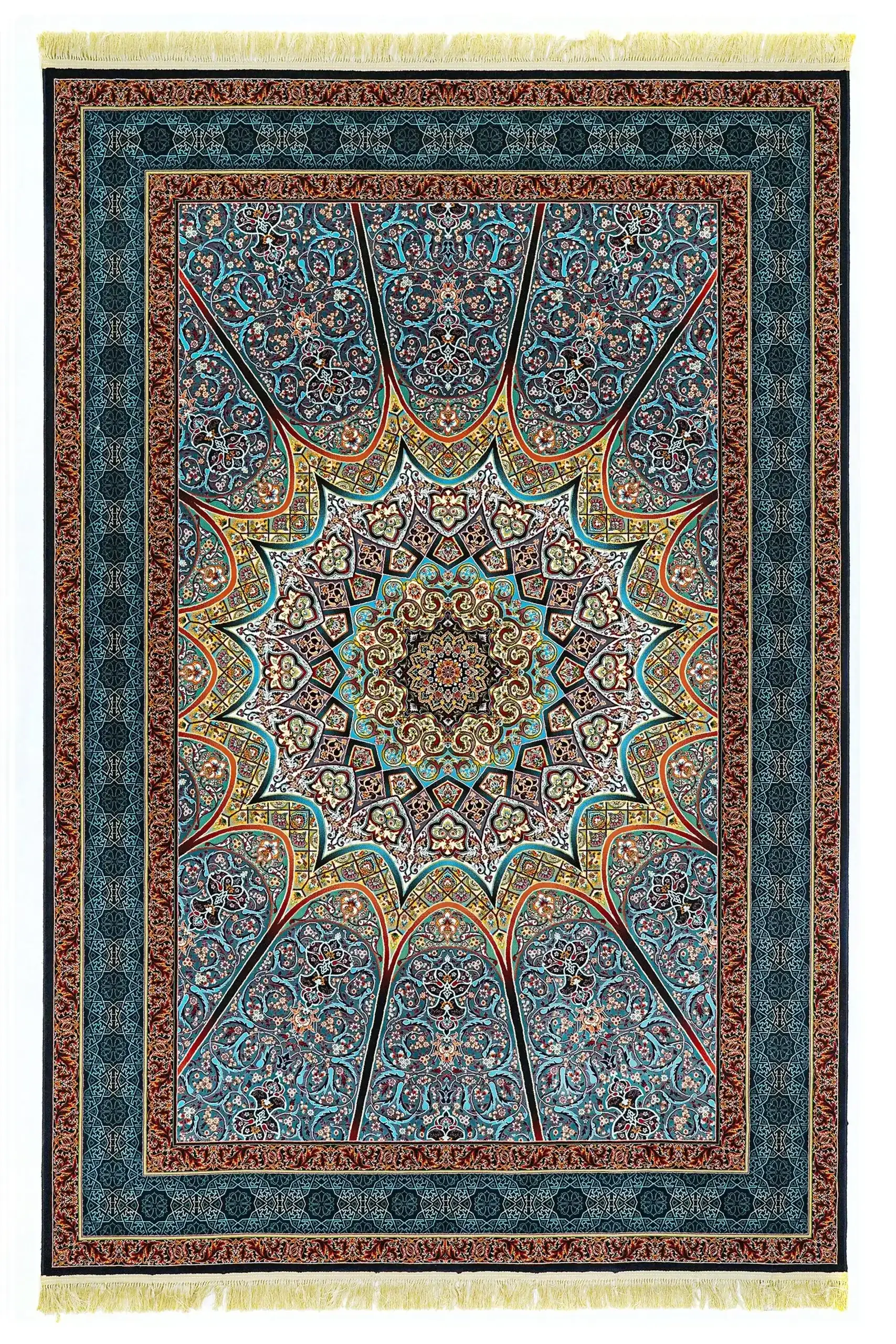 A Qaleen Carpets rug with intricate patterns and colors, featuring a central design and border