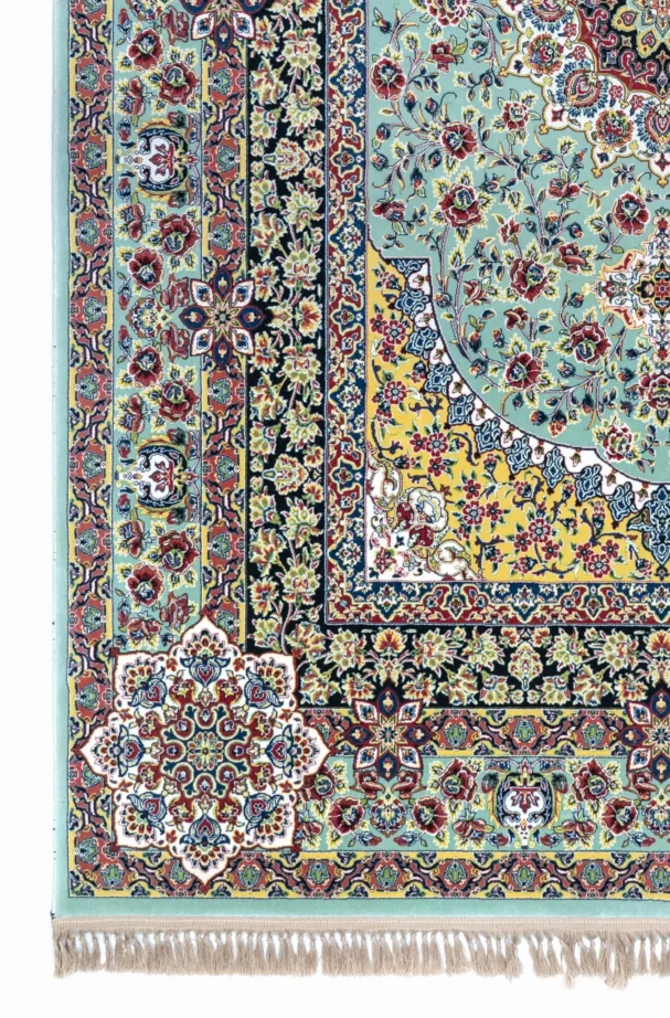 A beautiful, intricately designed carpet with a mix of traditional and modern patterns, featuring a rich, vibrant color