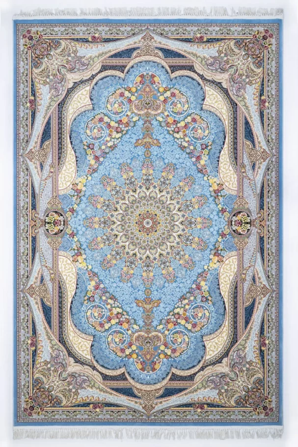 Carpets A beautiful, intricately designed carpet with a blue and gold pattern, featuring a central flower and surrounding