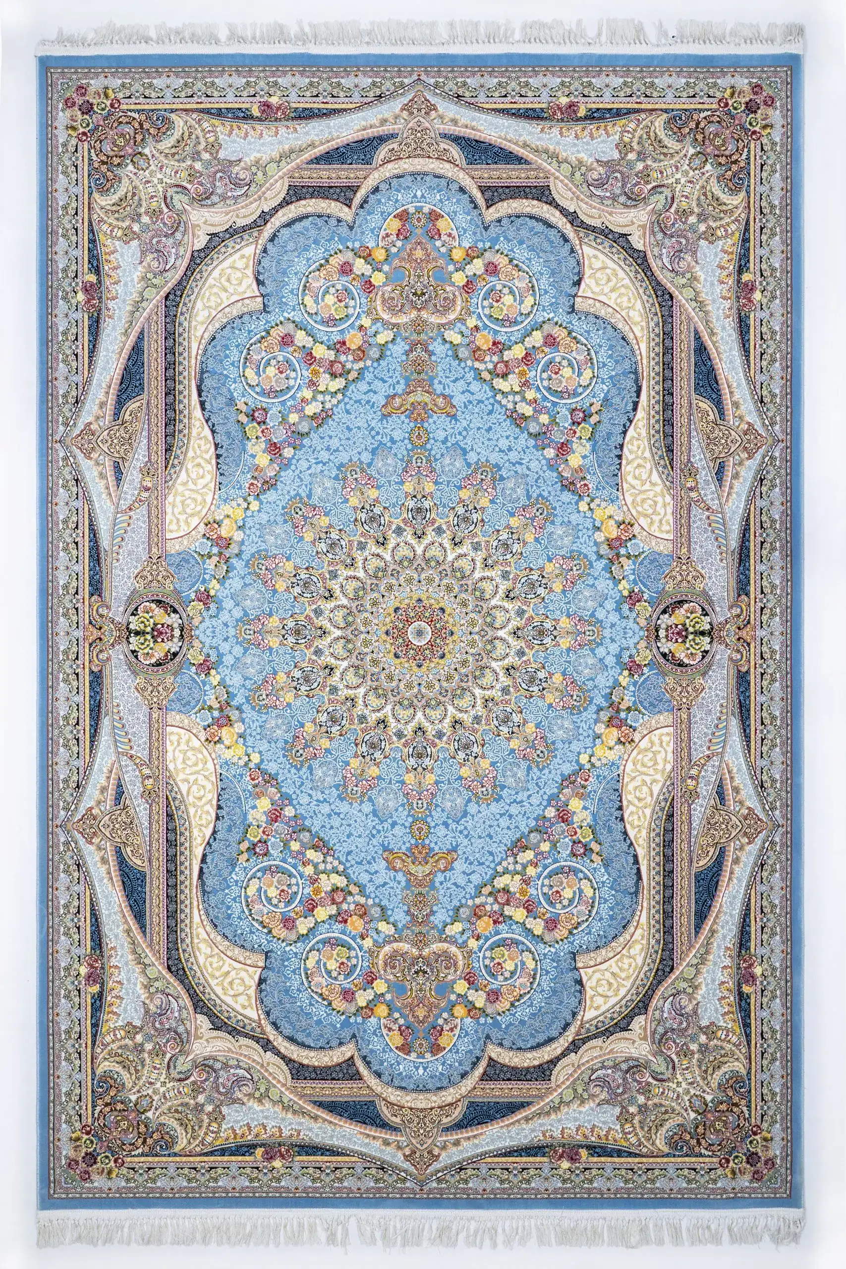Carpets A beautiful, intricately designed carpet with a blue and gold pattern, featuring a central flower and surrounding