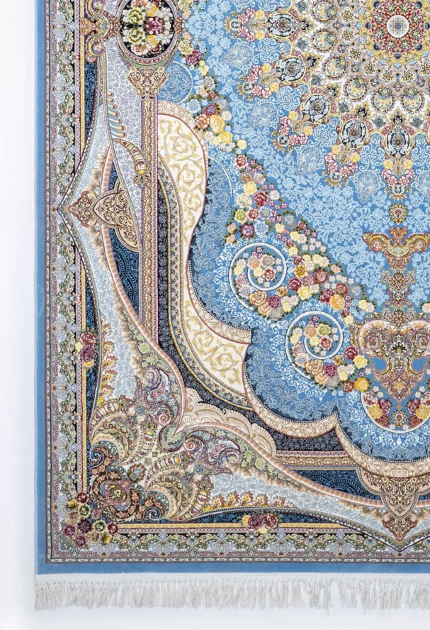 Carpets A beautiful, intricately designed carpet with a blue and white pattern, featuring a mix of flowers and other