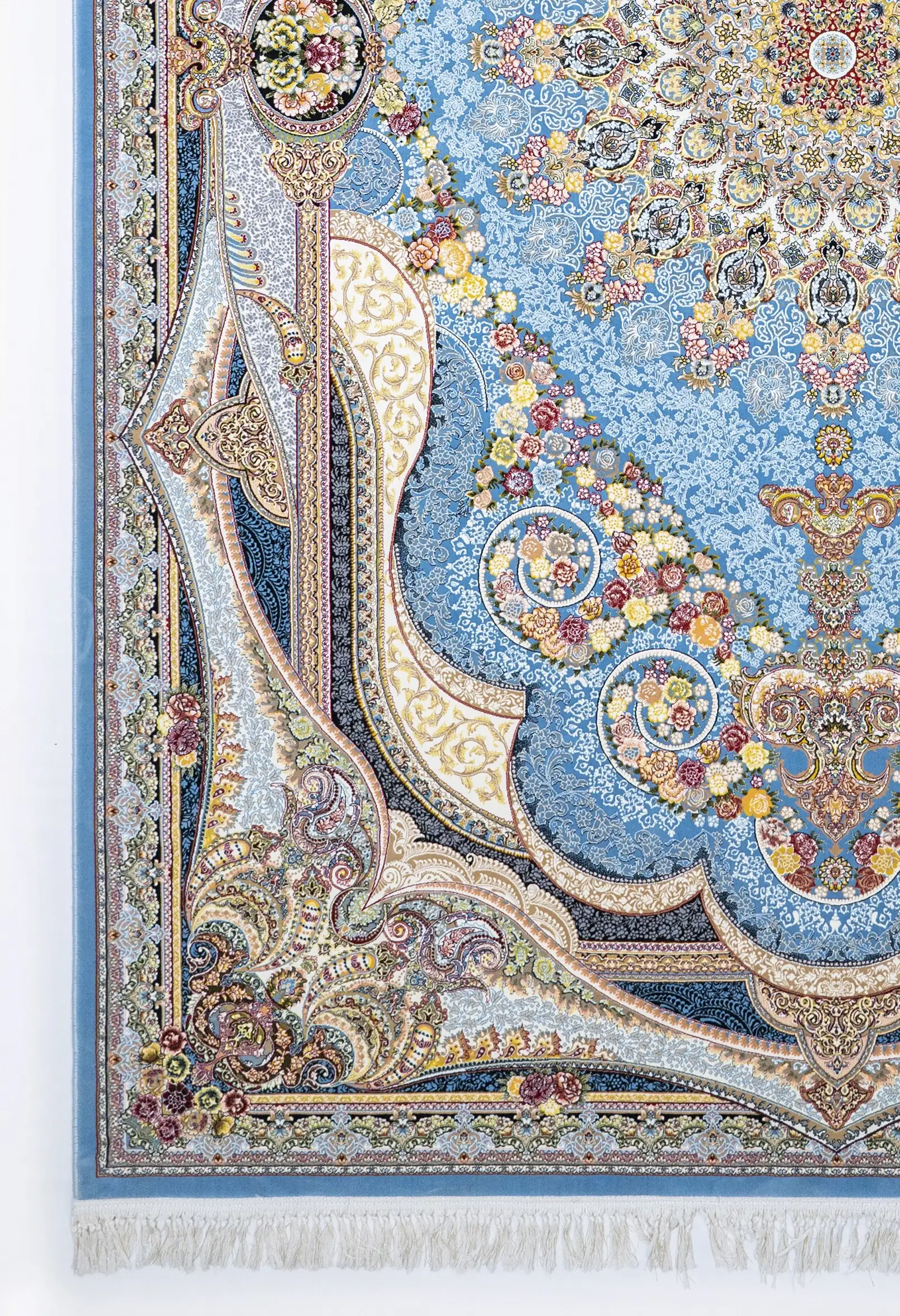 Carpets A beautiful, intricately designed carpet with a blue and white pattern, featuring a mix of flowers and other
