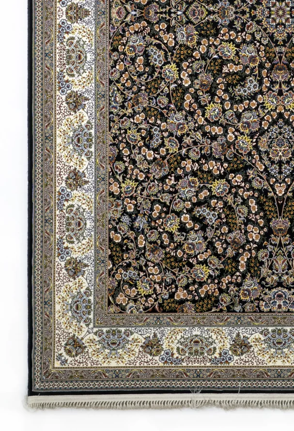 Carpets A beautiful, intricately designed carpet with a rich, dark background and intricate patterns of flowers and leaves