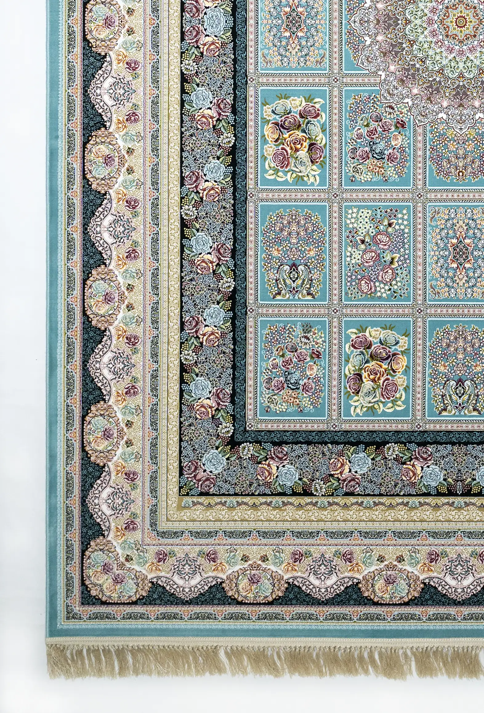A Qaleen Carpets rug with a floral pattern and intricate design, featuring a mix of blue, green, and gold colors, with a