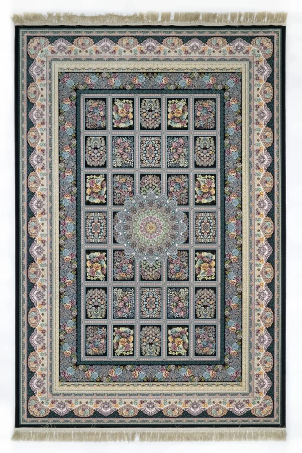 Carpets A beautiful, intricately designed carpet with a central pattern and surrounding borders, showcasing the art of
