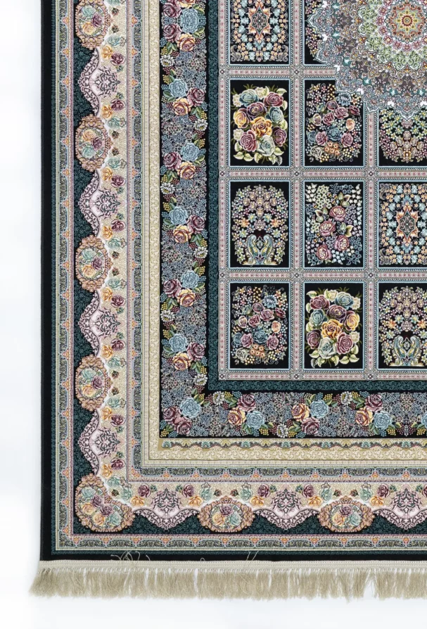 A beautiful, intricately designed carpet with a mix of flowers and patterns, showcasing the art of carpets and rugs