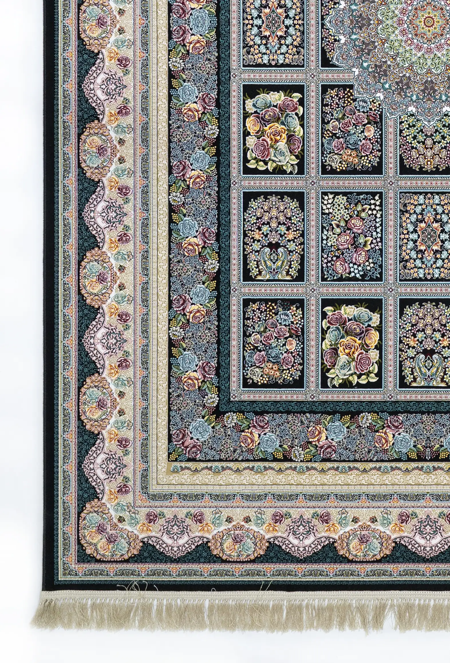 A beautiful, intricately designed carpet with a mix of flowers and patterns, showcasing the art of carpets and rugs