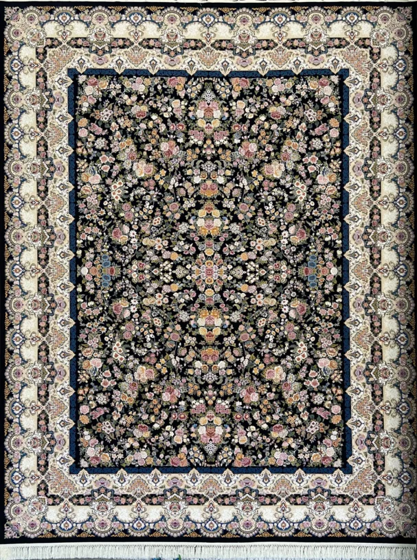 Carpets A beautiful, intricately designed carpet with a rich, dark background and a vibrant, colorful pattern of flowers and