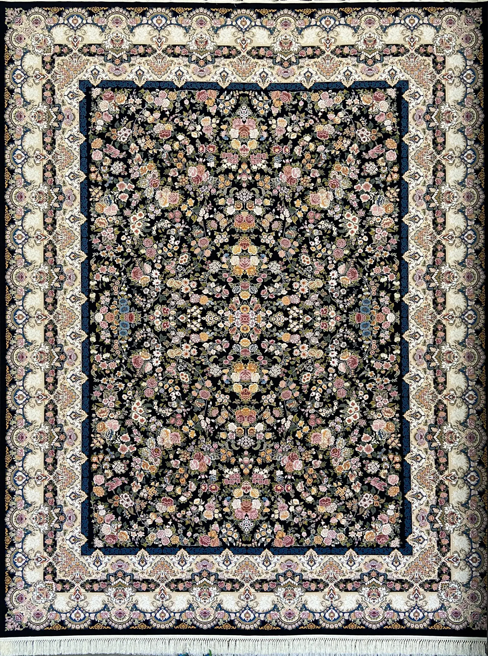 Carpets A beautiful, intricately designed carpet with a rich, dark background and a vibrant, colorful pattern of flowers and