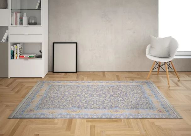 A beautiful, intricately designed carpet in a living room, adding a touch of elegance and comfort to the space, with a focus