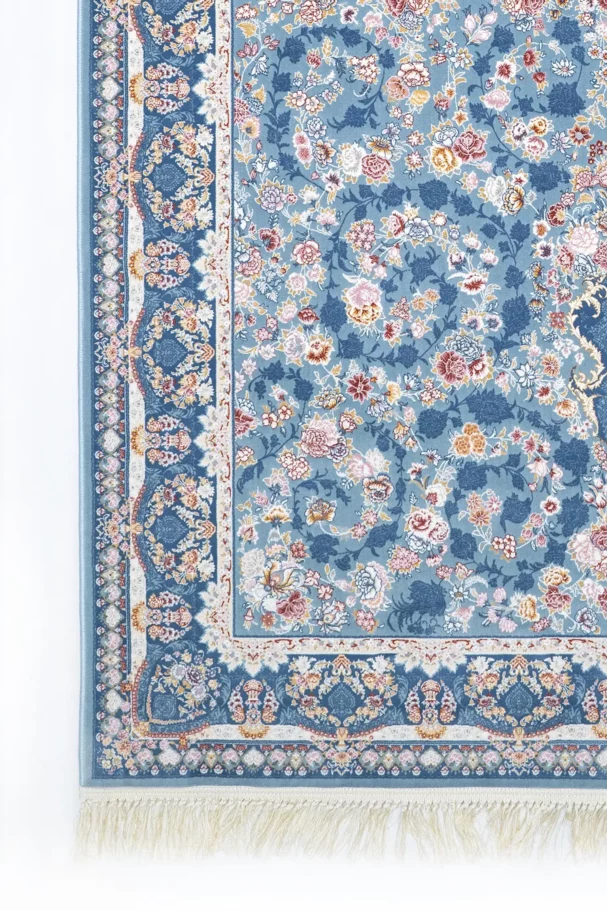 Carpets A beautiful, intricately designed carpet with a blue background and a mix of flowers and foliage