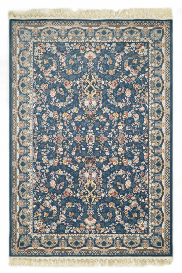 Carpets A blue and white rug with a floral pattern, featuring a border and a central design, is shown in this image