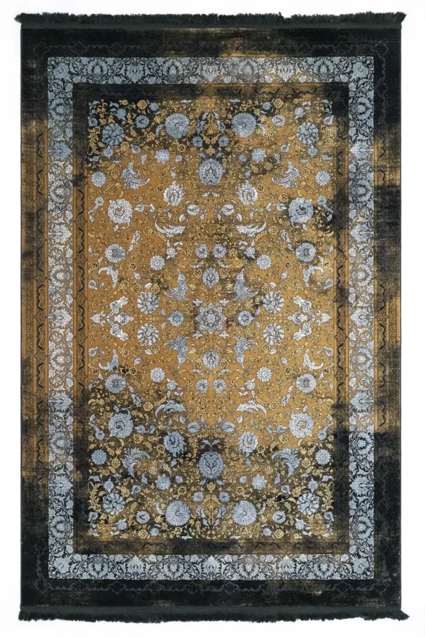 Carpets A beautiful, intricately designed carpet with a golden and dark brown color scheme, featuring a mix of floral and