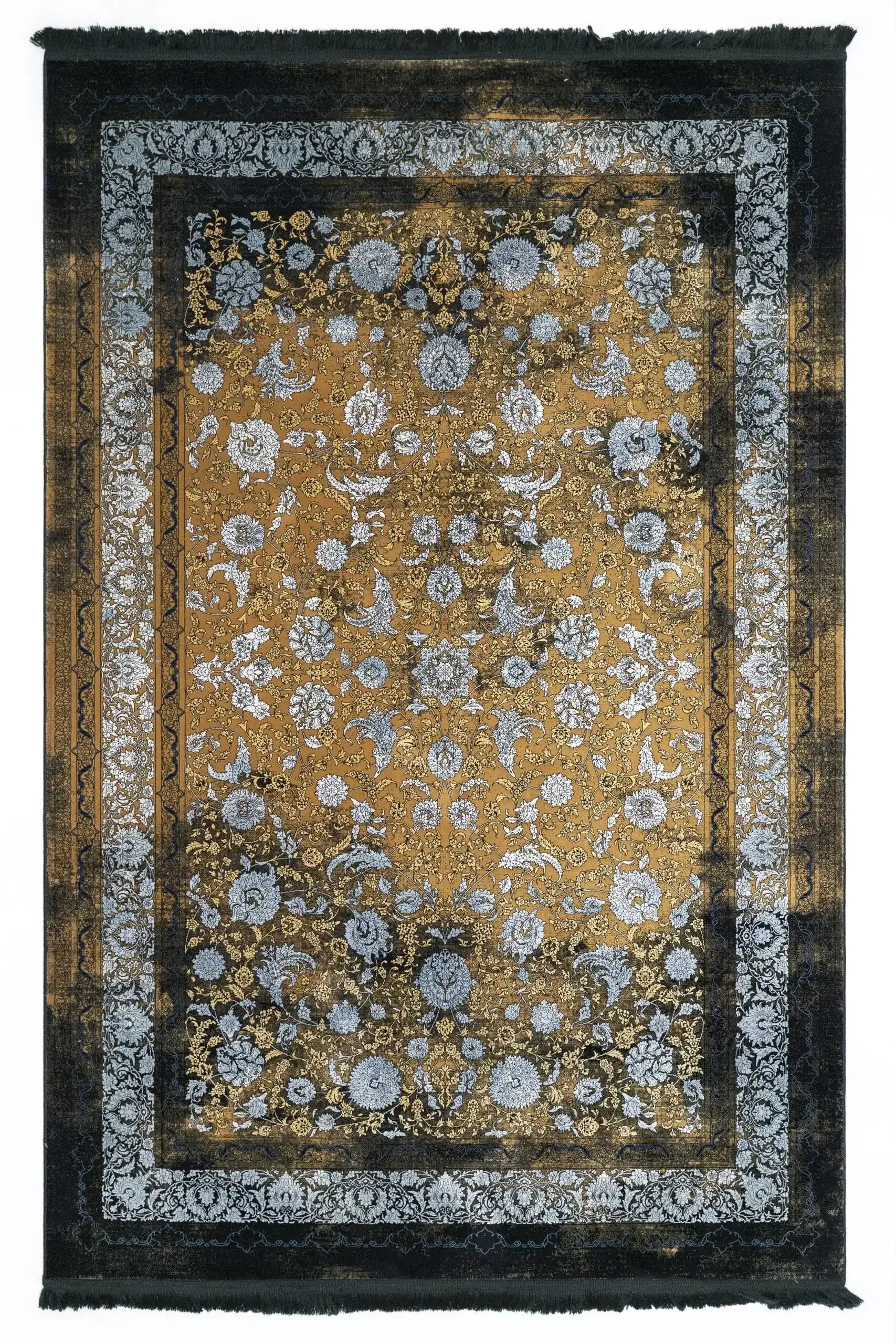 Carpets A beautiful, intricately designed carpet with a golden and dark brown color scheme, featuring a mix of floral and