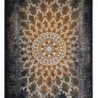A Qaleen Carpets rug with a central gold and white floral pattern surrounded by a dark border, on a white background