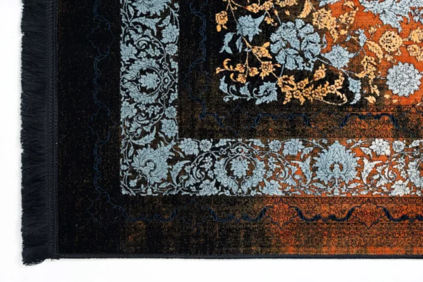 Carpets A close-up of a rug with a floral pattern, showcasing the intricate details of the carpet's design, with a focus on