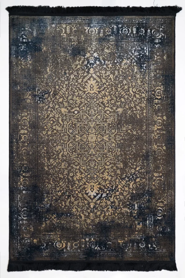 Carpets A rug with a dark, distressed, and aged appearance, featuring a central design and a border, with a focus on its