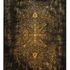 Carpets A rug with a dark, gold, and black patterned design