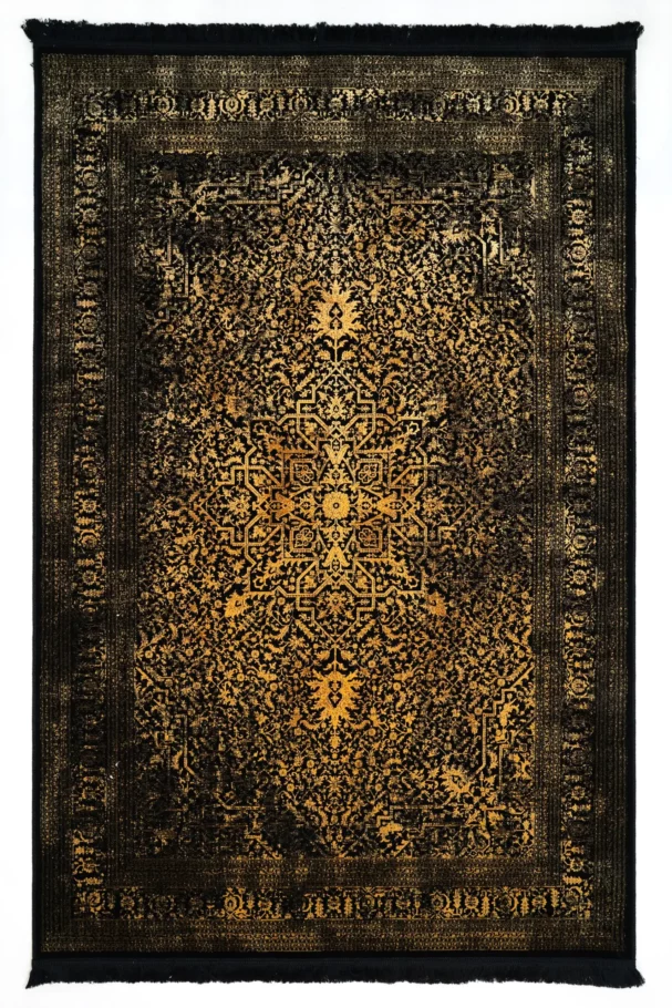 Carpets A rug with a dark, gold, and black patterned design
