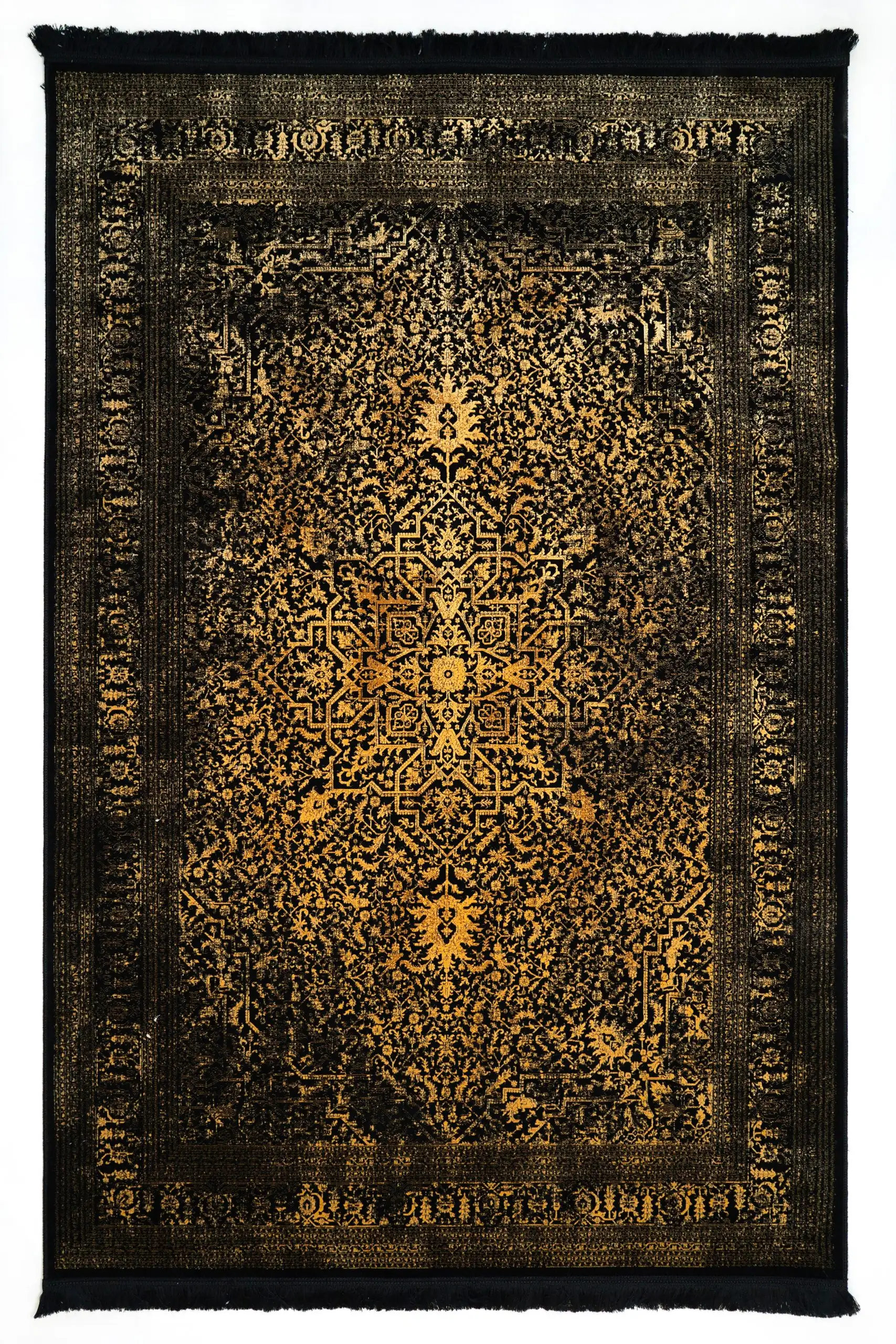 Carpets A rug with a dark, gold, and black patterned design