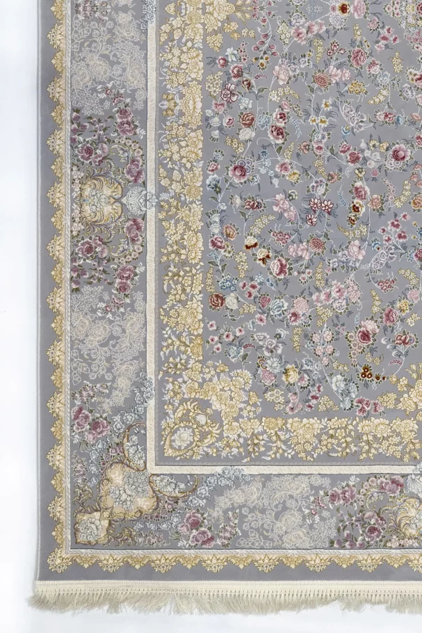 A beautiful, intricately designed carpet with a floral pattern, featuring a mix of colors and a soft, carpet-like texture,
