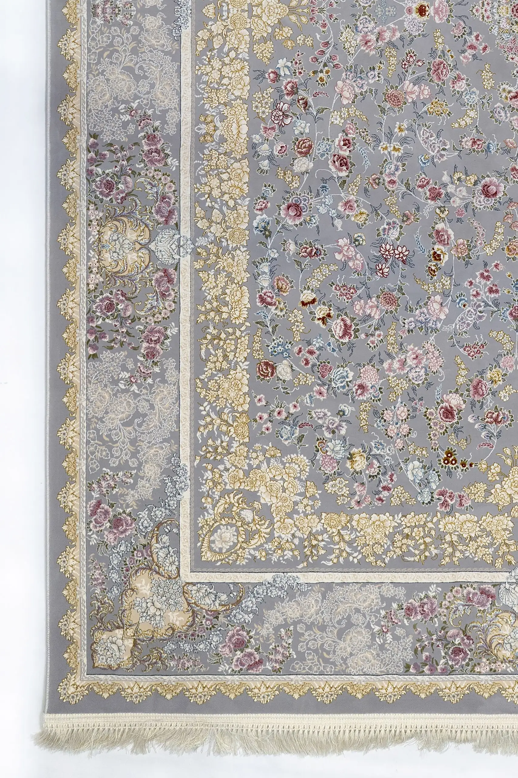 A beautiful, intricately designed carpet with a floral pattern, featuring a mix of colors and a soft, carpet-like texture,