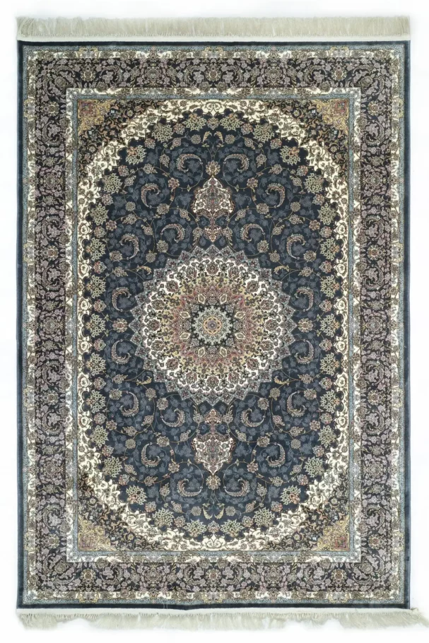 Carpets A beautiful, intricately designed Persian carpet with a rich, dark blue background and intricate patterns of gold