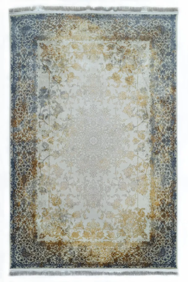 A Qaleen Carpets rug with a white background, gold and blue border, and intricate gold and blue patterns